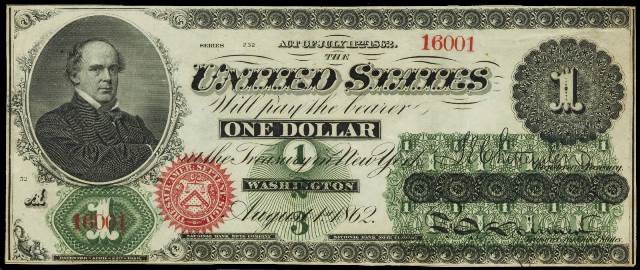 Reproduction $1 Bill United States Note 1862 Salmon Chase USA Currency Copy