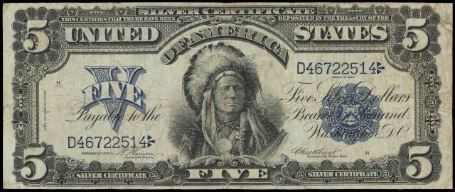 Indian Chief Proof Print by the BEP Face of  1899 $5 Silver Certificate 
